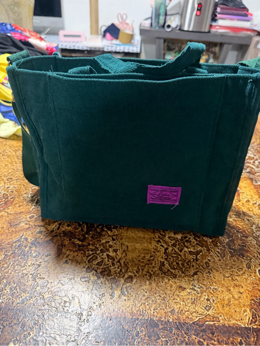 Dark Green Corduroy Tote with Purple Accent Patch